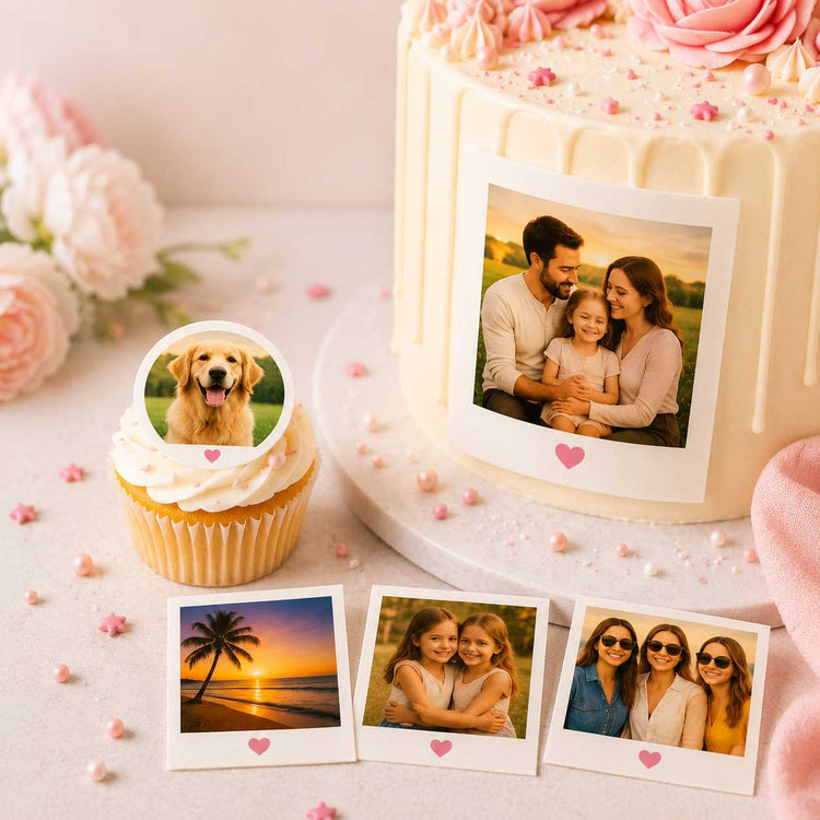 Personalised edible photo prints for cakes and cupcakes in Polaroid style