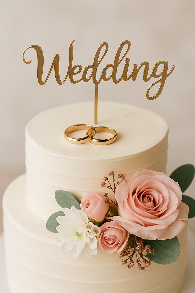 An elegant wedding cake adorned with delicate white and gold fondant roses and romantic details, perfect for special celebrations.