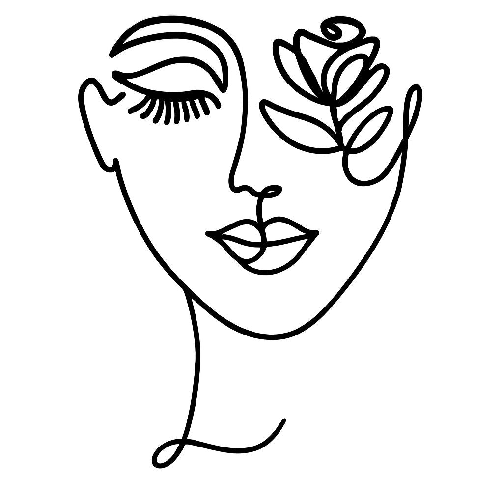 Black acrylic cake topper of a lady’s face with eyes closed and a rose on one side, in modern line art style