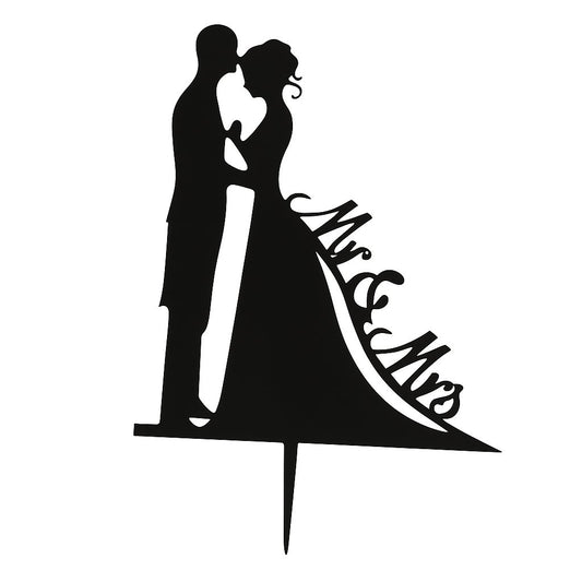 Black “Mr & Mrs” wedding cake topper with romantic silhouette design