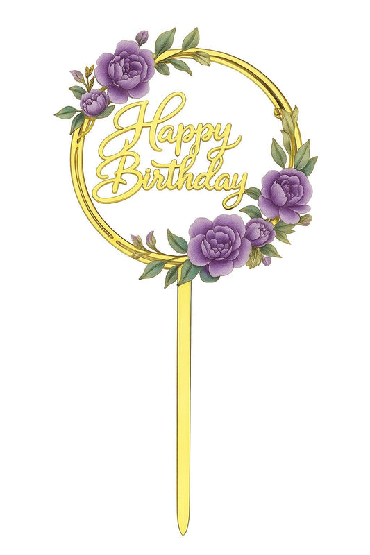 Gold mirror acrylic “Happy Birthday” cake topper with purple floral wreath and leafy details