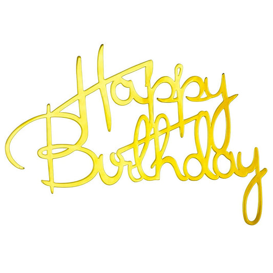 Gold acrylic "Happy Birthday" cake topper with handwritten-style script