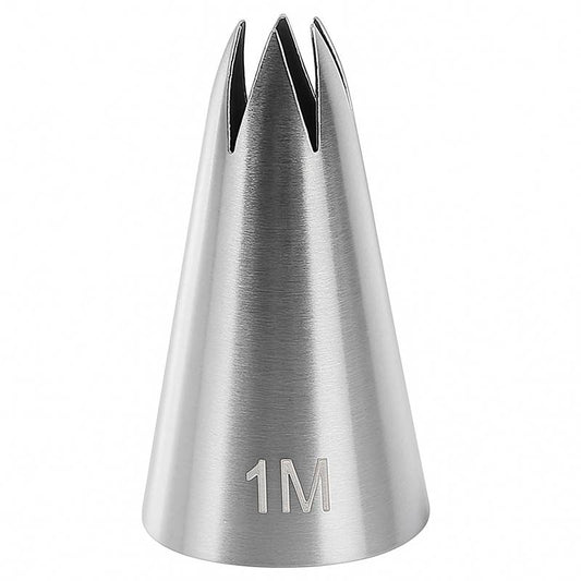 Stainless steel 1M piping tip nozzle with open star shape, displayed next to pink buttercream swirls.