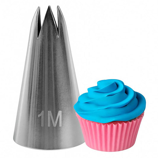 Stainless steel 1M piping tip nozzle with open star shape, displayed next to pink buttercream swirls.
