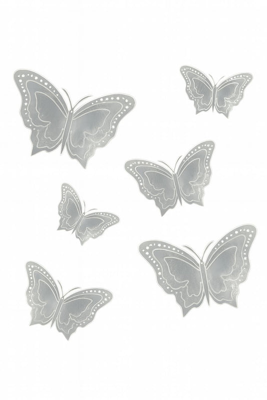 Set of six silver 3D butterfly cake toppers in various sizes with mirror shine and intricate wing design