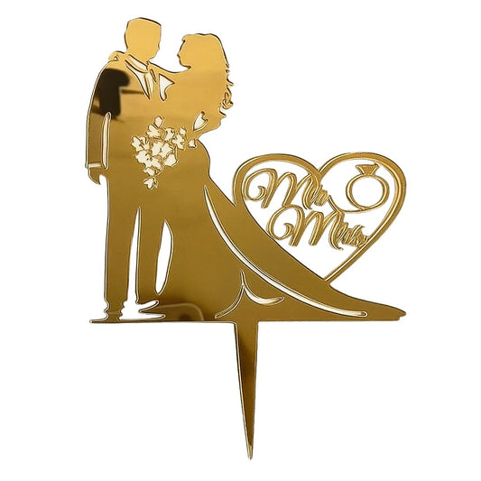 Gold acrylic cake topper with bride and groom silhouette and "Mr & Mrs" heart design