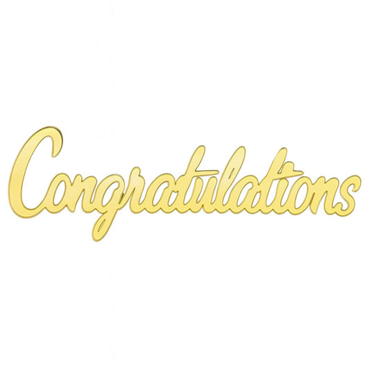 Gold acrylic cake topper with the word “Congratulations” in smooth script font, ideal for baby shower, graduation, and celebration cakes