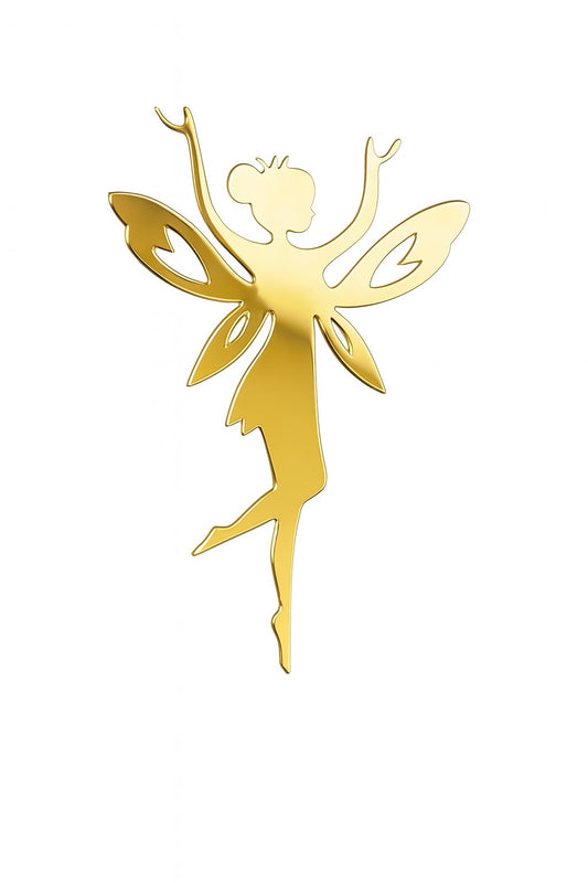 Gold acrylic fairy cake topper with open wings and raised arms