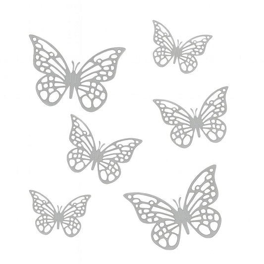 Set of six silver mirror cut-out butterfly cake decorations in three sizes, perfect for elegant and modern cake styling