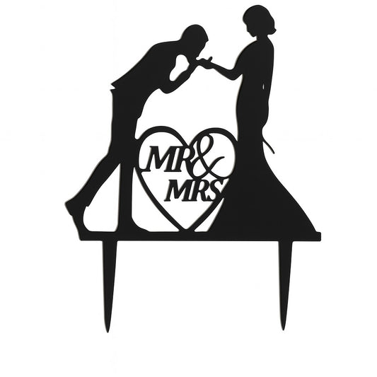Black “Mr & Mrs” wedding cake topper with heart and hand-kiss silhouette design