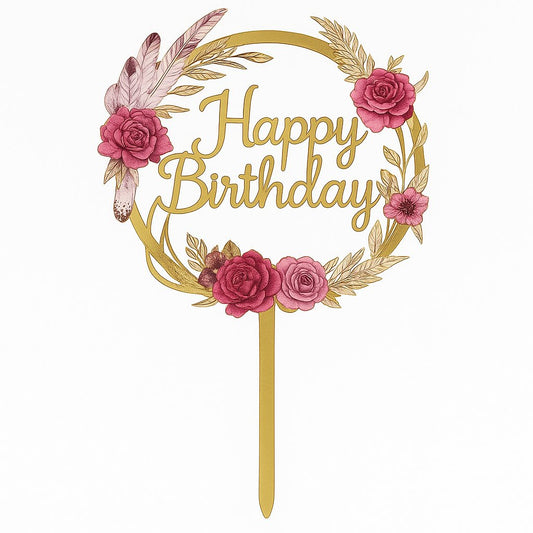 Happy Birthday Cake Topper – Gold Mirror Acrylic with Red Floral and Feather Wreath