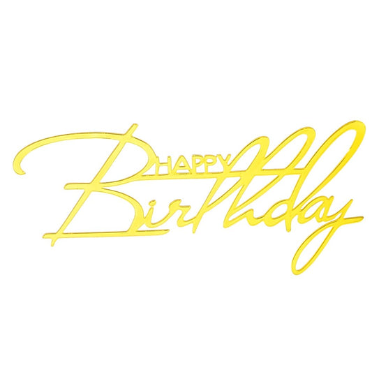 Gold acrylic "Happy Birthday" cake topper in long handwritten script style