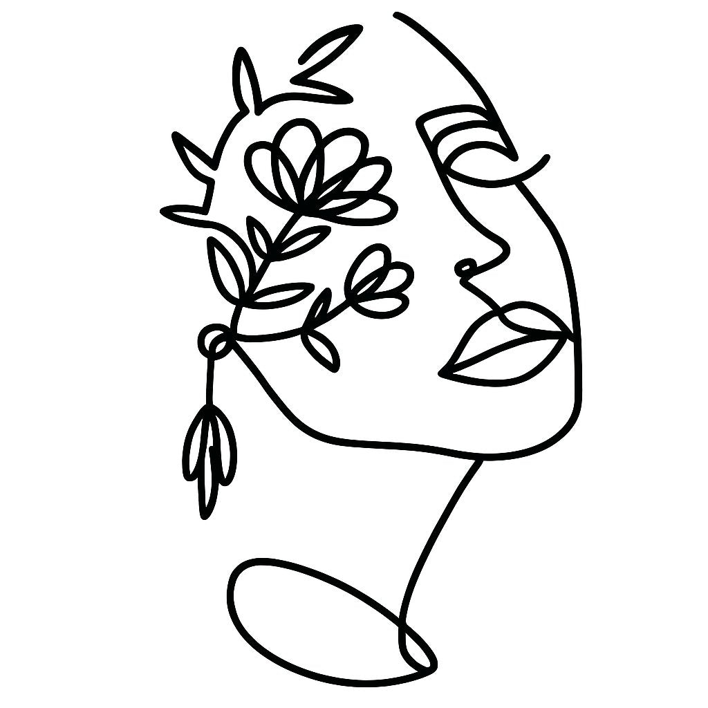Black acrylic lady face with flowers cake topper in minimal line art style