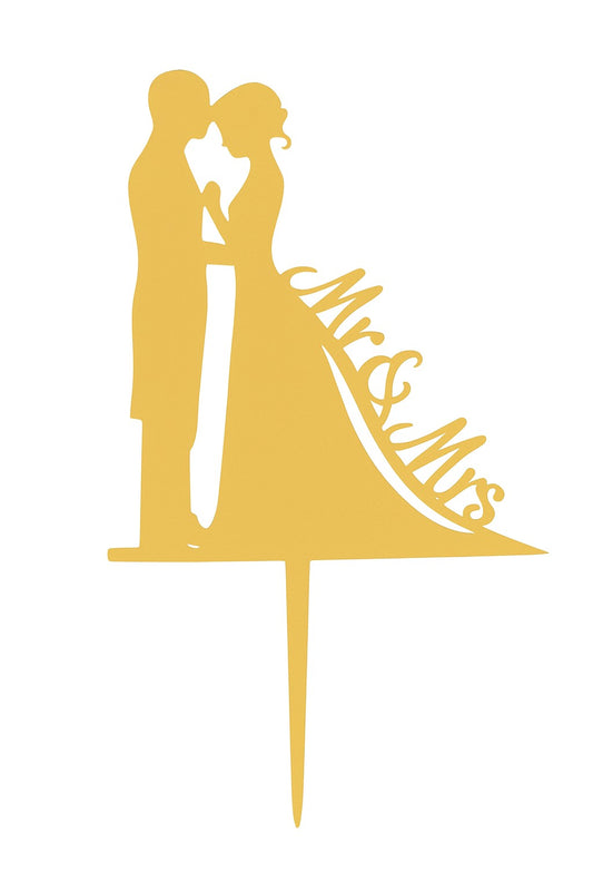 Gold acrylic cake topper with bride and groom silhouette and “Mr & Mrs” text on wedding dress