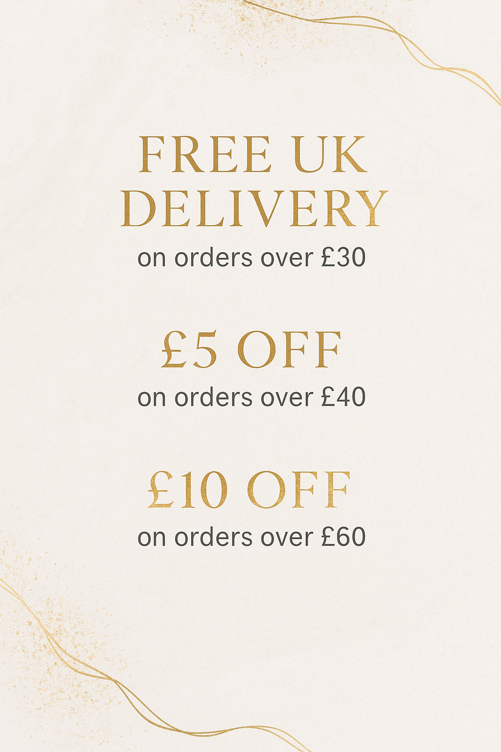 Elegant promotional banner showing tiered cake on a neutral background, highlighting special offers: Free UK delivery over £30, £5 off over £40, and £10 off over £60 – perfect for cake decorators and gift givers.
