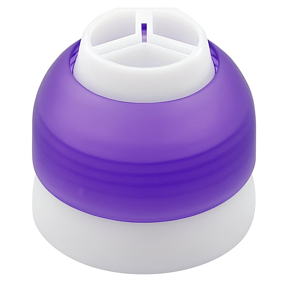 A digital photograph features a three-way piping bag coupler with purple and white components, designed to connect three icing bags to one nozzle.