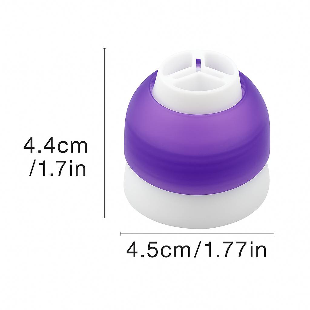 A digital photograph features a three-way piping bag coupler with purple and white components, designed to connect three icing bags to one nozzle.