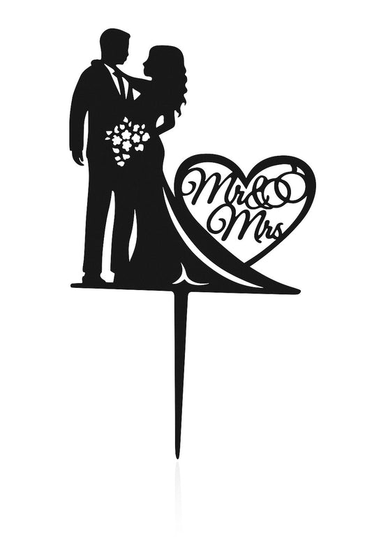 Black “Mr & Mrs” wedding cake topper with couple silhouette and heart shape
