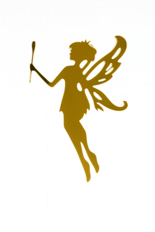Gold acrylic cake topper with fairy silhouette holding a wand