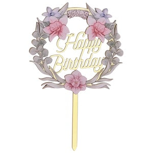 Gold mirror acrylic “Happy Birthday” cake topper with soft pink and lilac flower wreath and ribbon detail