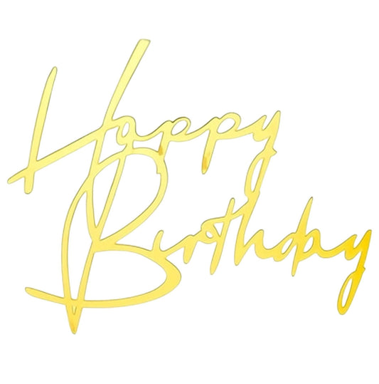 Gold acrylic "Happy Birthday" cake topper in handwritten cursive script