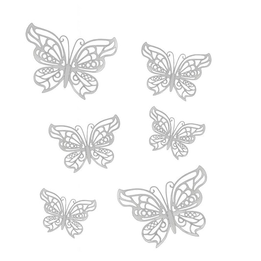 Six silver mirror butterflies with lace-style cut-out wings, assorted sizes for elegant cake decoration