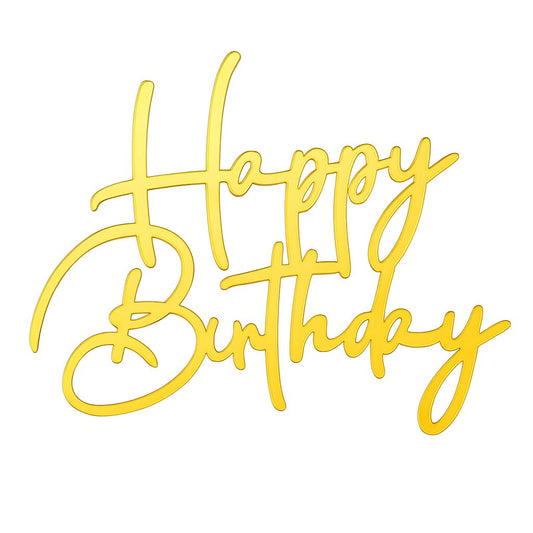Gold acrylic "Happy Birthday" cake topper with elegant script design