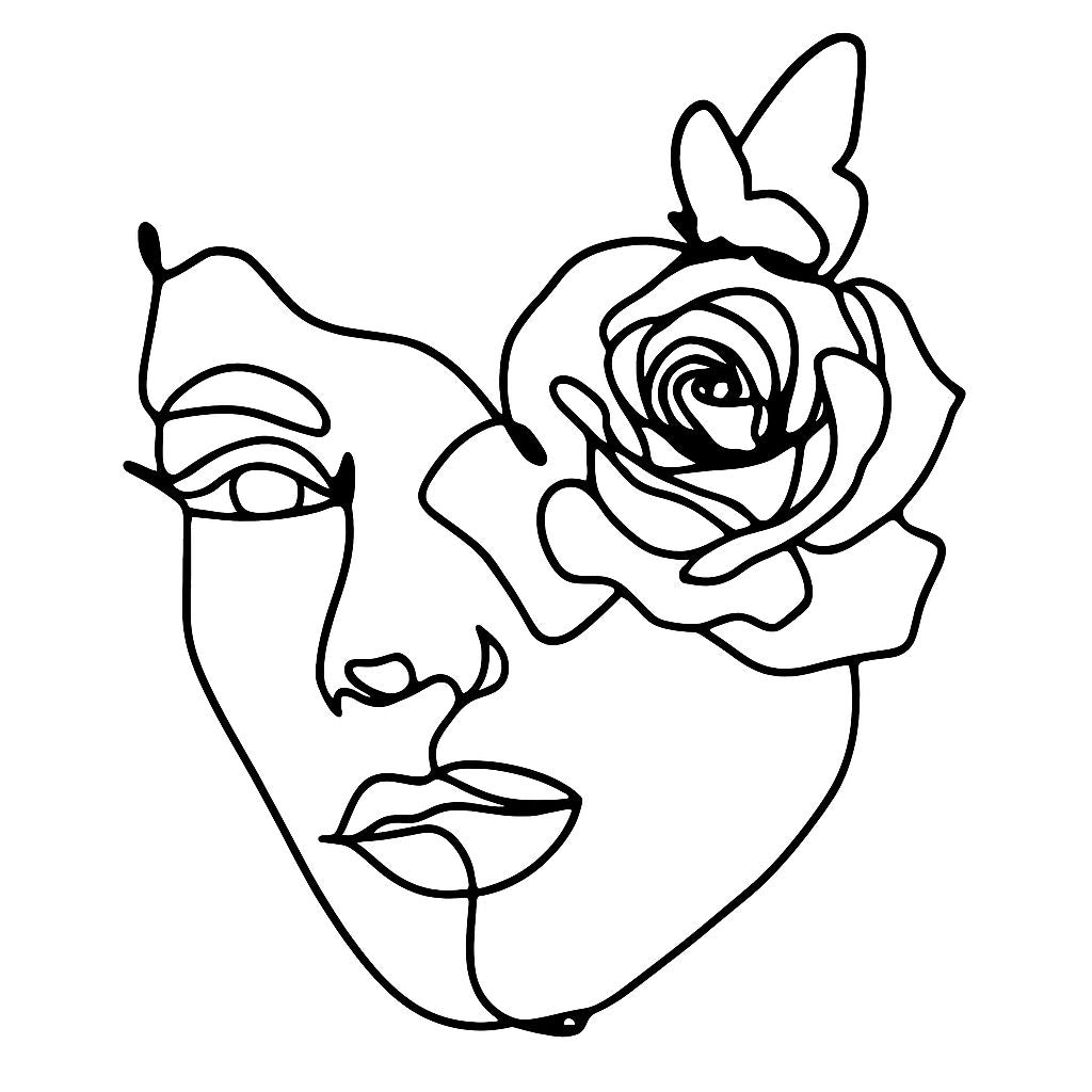 Black acrylic lady face cake topper with rose and butterfly in minimalist line art
