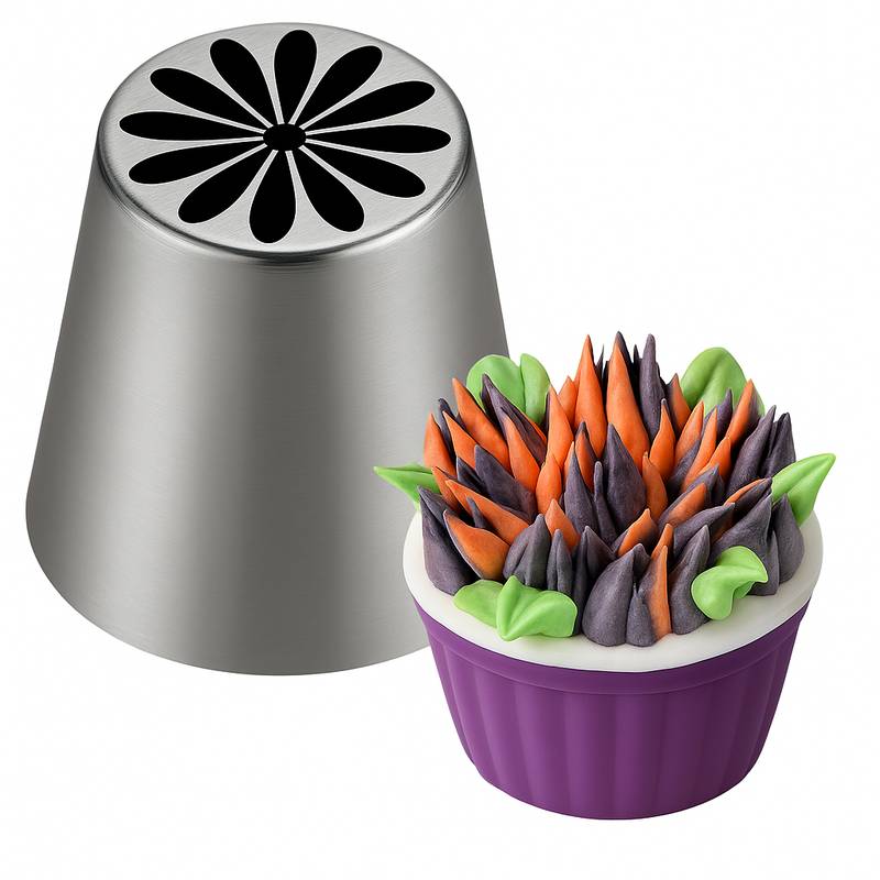 Stainless steel Russian piping tip with a cupcake topped with daisy-style buttercream petals in orange and purple.