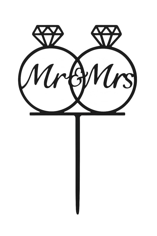 Black “Mr & Mrs” cake topper with two engagement rings silhouette