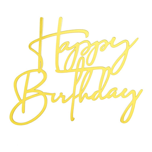 Gold acrylic "Happy Birthday" cake topper in tall script design