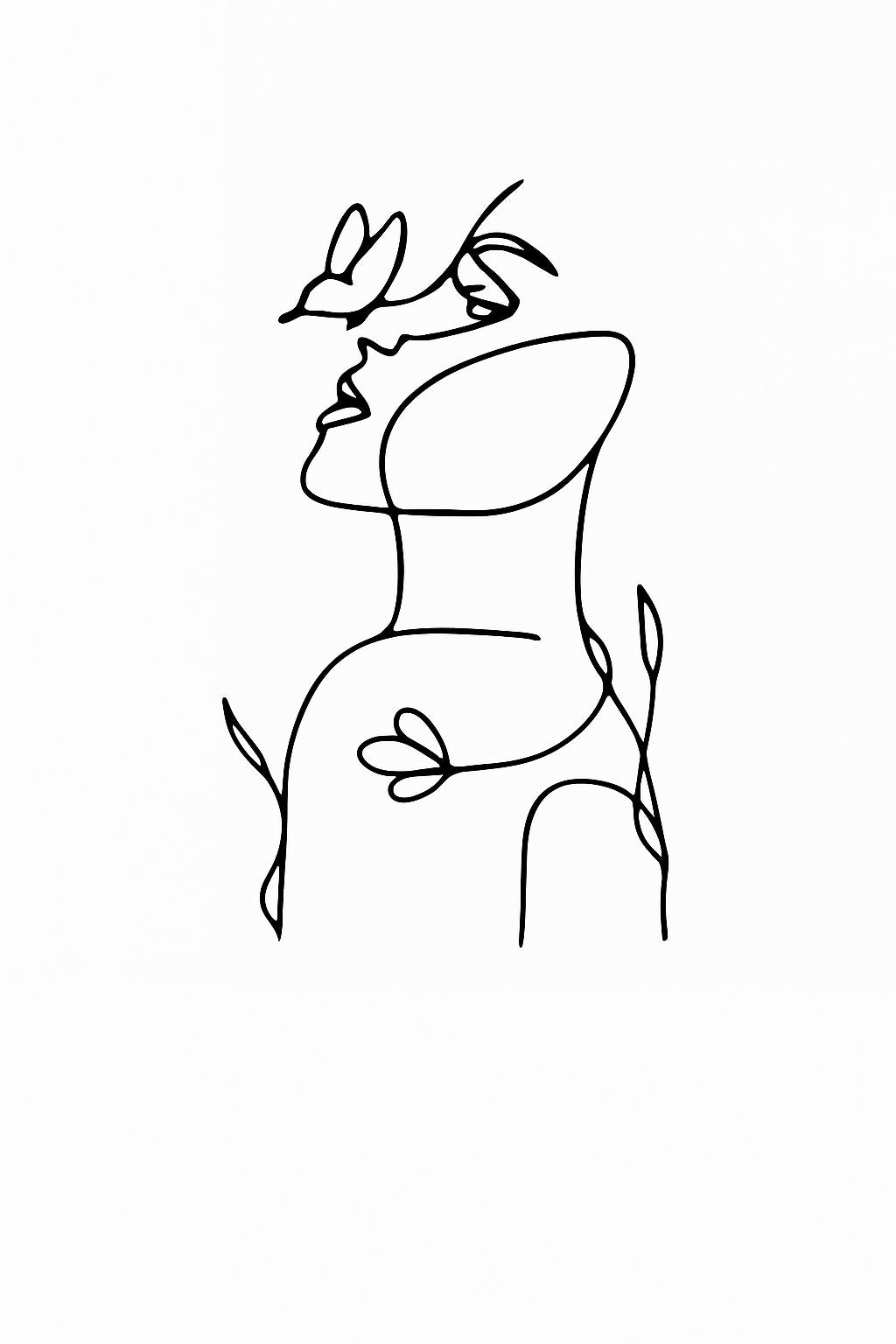 Black acrylic cake topper of a woman with bird and leaves in minimalist line art design