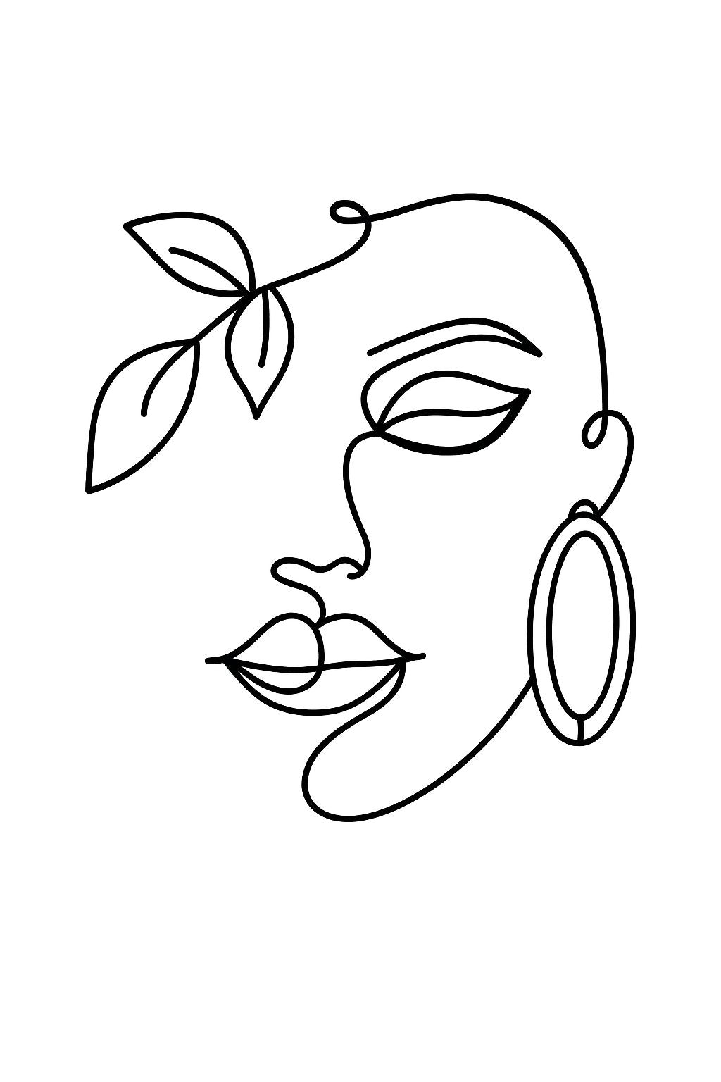 Black acrylic cake topper of a lady with big earrings and leaves in bold line art design