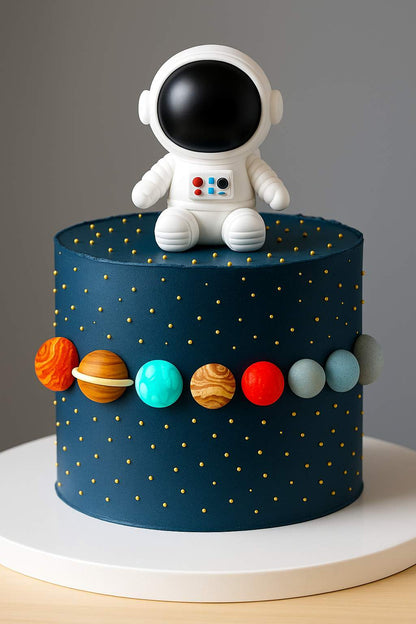 Space-themed cake with edible sugar paste planets around the sides, golden pearl stars, and an astronaut topper on top – Makai Cake Decorating Supplies