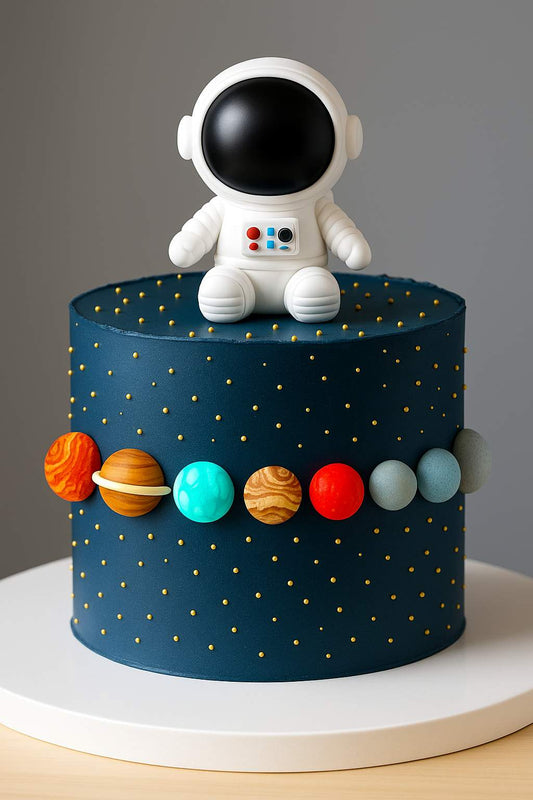 Space-themed cake with edible sugar paste planets around the sides, golden pearl stars, and an astronaut topper on top – Makai Cake Decorating Supplies