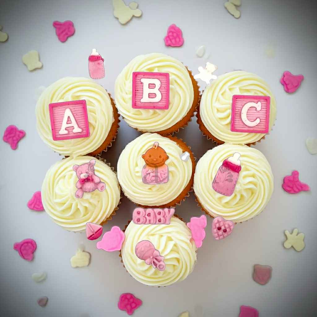 Baby girl ABC and accessories edible cupcake toppers in pink theme – Makai Cake Decorating Supplies