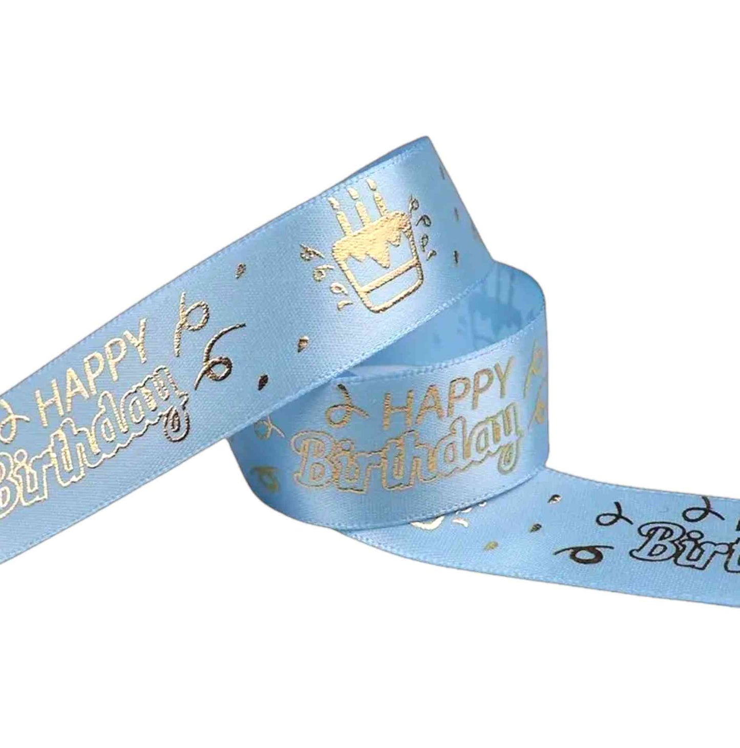 Baby blue satin ribbon with gold Happy Birthday text and cake icons – 2.5 cm wide, perfect for cakes and baby showers.