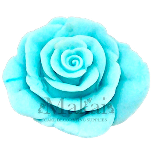 Large baby‑blue fondant rose flower topper for gender‑reveal and winter cakes.