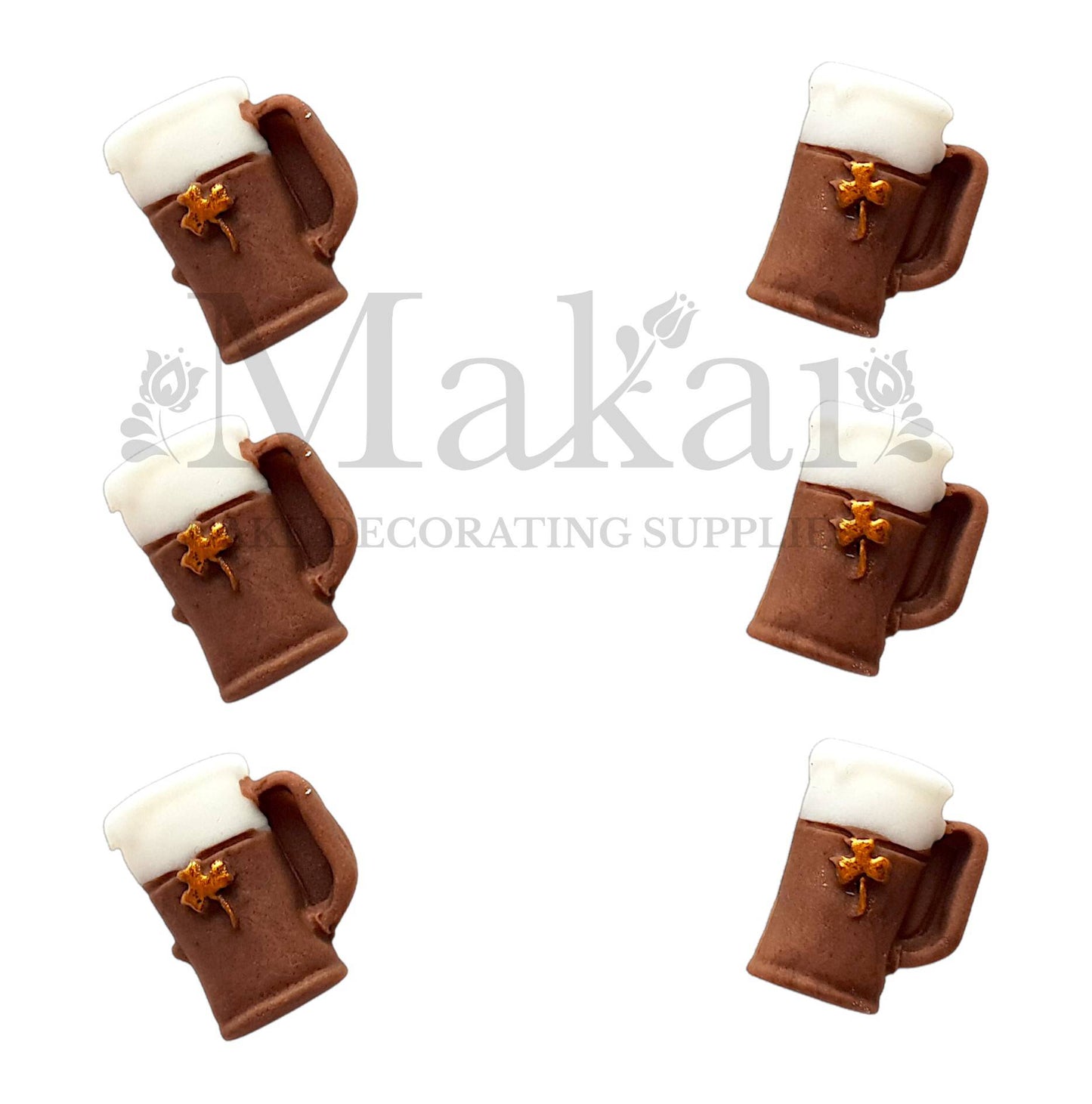Edible brown beer glass fondant topper with gold clover – Makai Cake Decorating Supplies