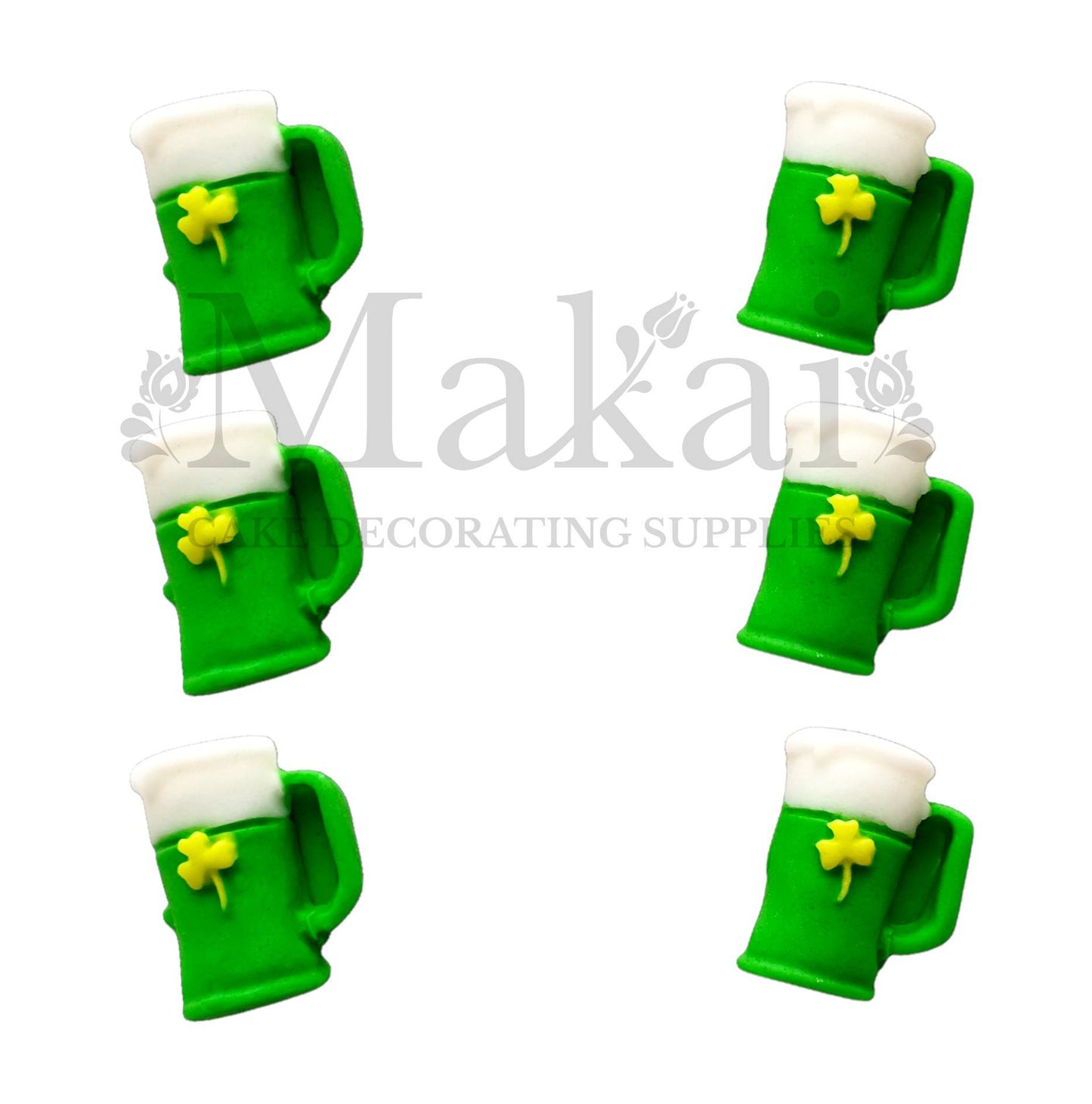 Edible green beer glass fondant topper with yellow clover – Makai Cake Decorating Supplies