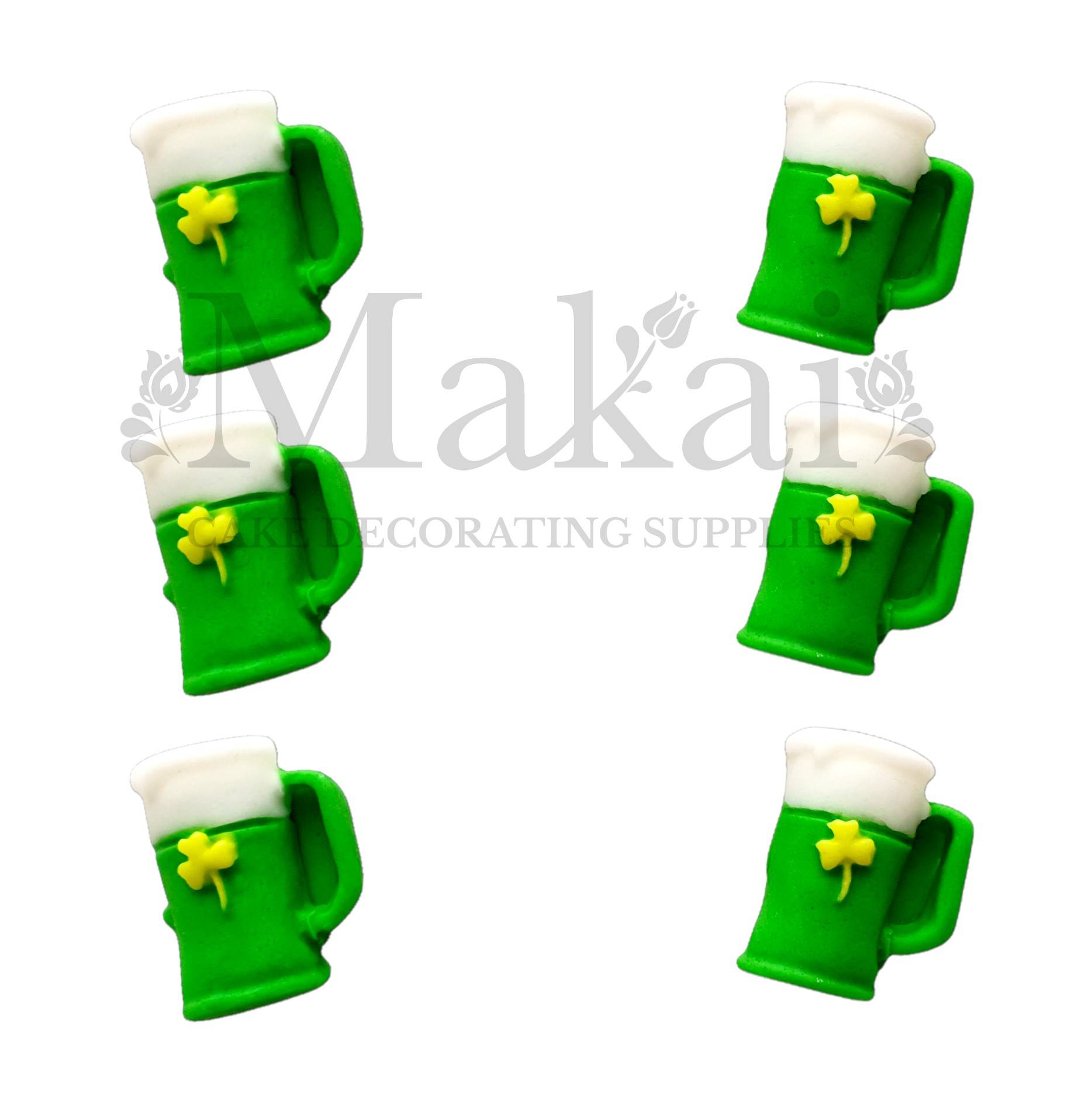Edible green beer glass fondant topper with yellow clover – Makai Cake Decorating Supplies