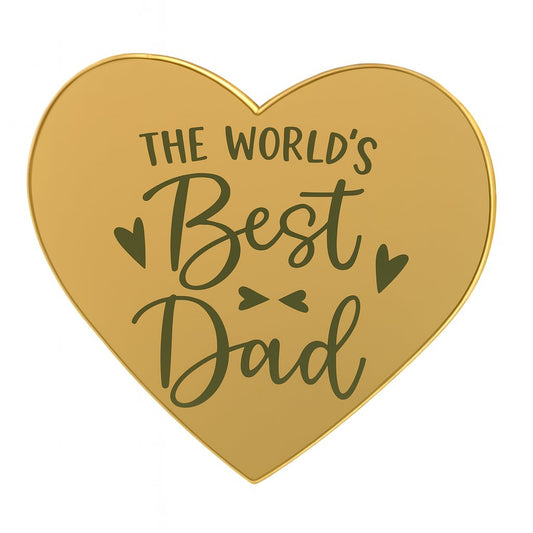 Heart-shaped gold acrylic cake topper engraved with “The World’s Best Dad” and heart illustrations