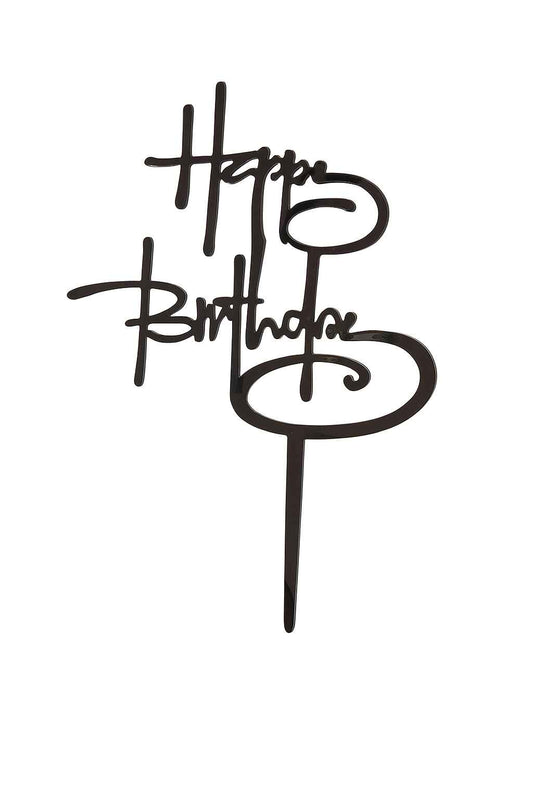 Black acrylic “Happy Birthday” cake topper with modern script design – sleek and reusable