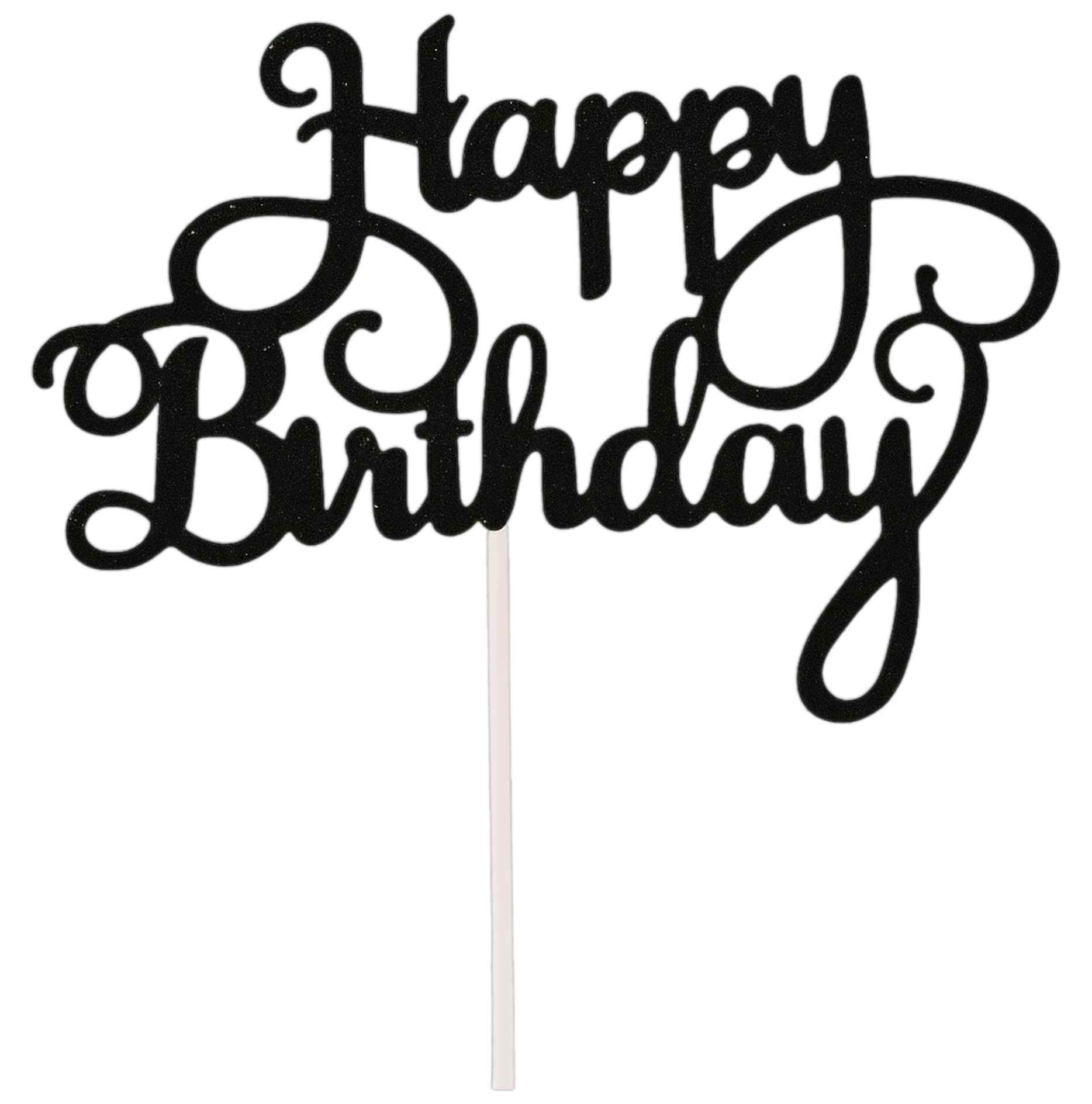 Black "Happy Birthday" glitter cake topper with swirly letters on a stick – perfect for birthday cakes