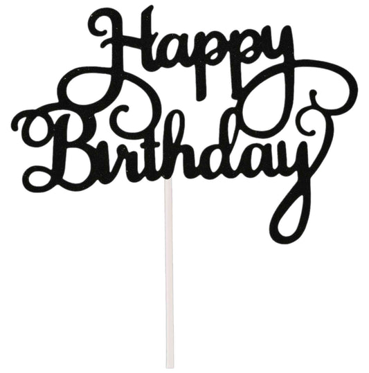 Black "Happy Birthday" glitter cake topper with swirly letters on a stick – perfect for birthday cakes