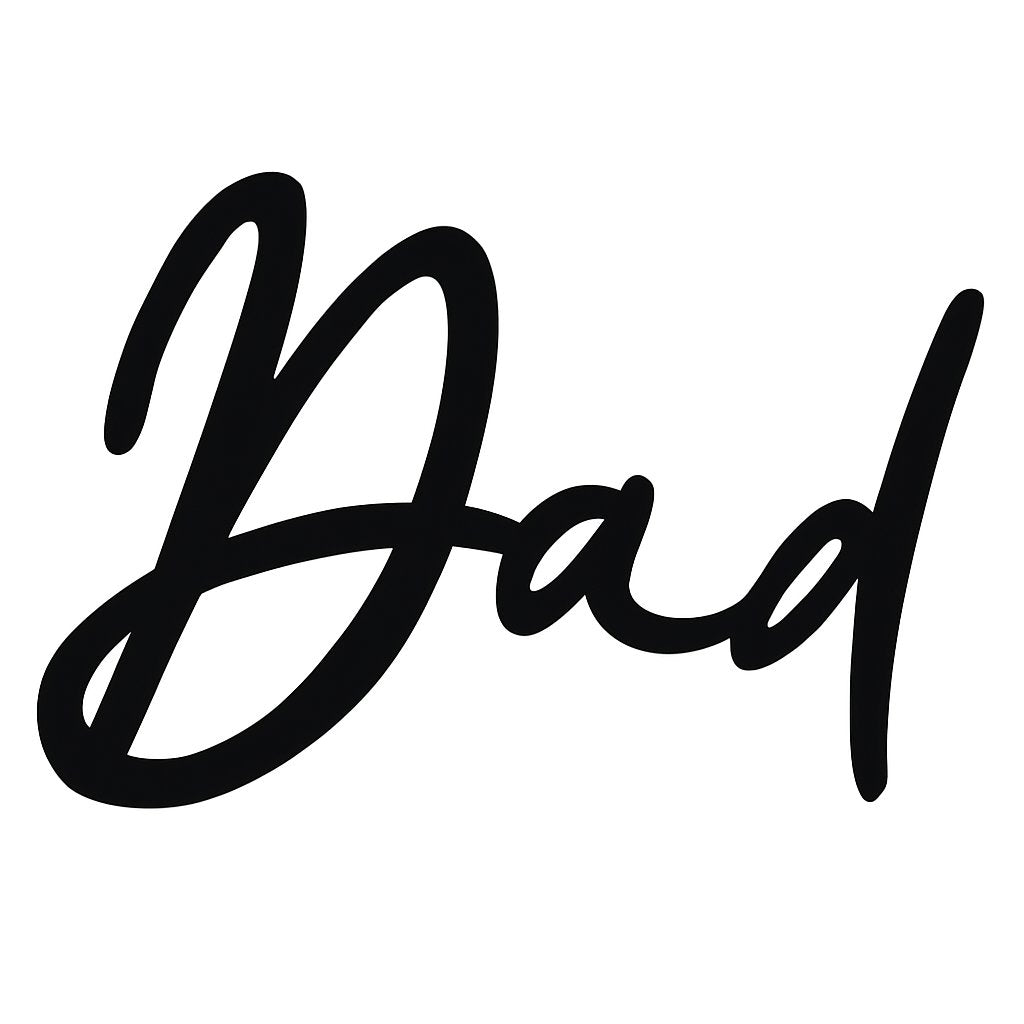 Black acrylic cake topper with the word “Dad” in script font