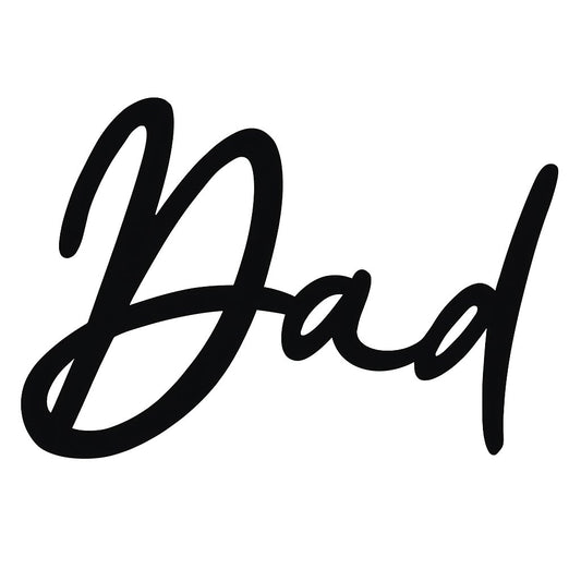 Black acrylic cake topper with the word “Dad” in script font