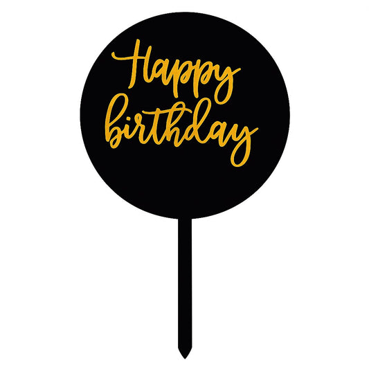 Black plastic Happy Birthday cake topper with gold lettering