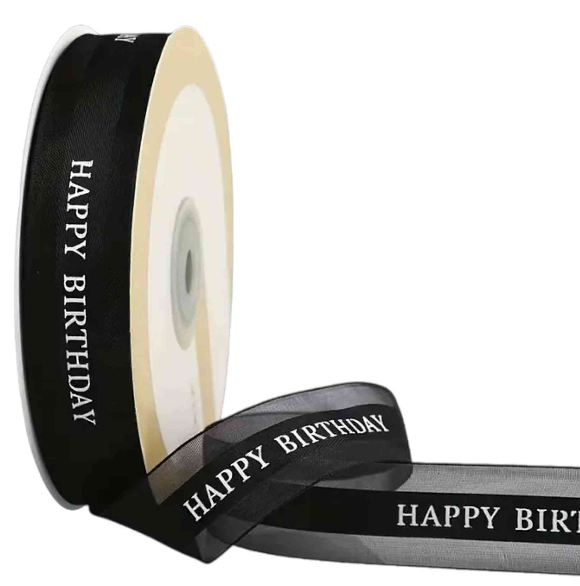 Black mesh ribbon with white Happy Birthday text – 2.5 cm wide, perfect for modern cakes and stylish wrapping.