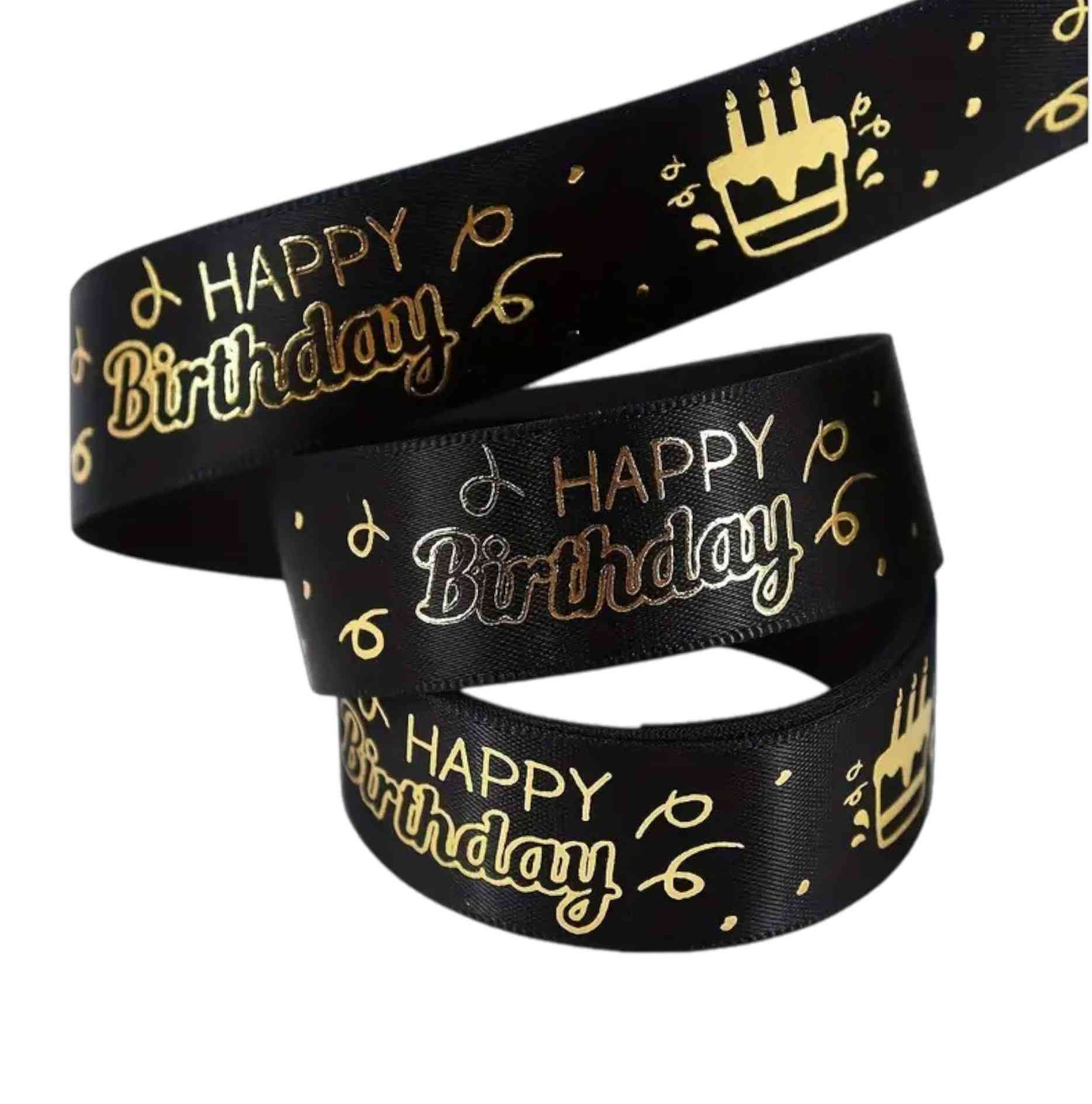 Black satin ribbon with gold Happy Birthday text and cake icons – 2.5 cm wide, perfect for cakes and party decor.